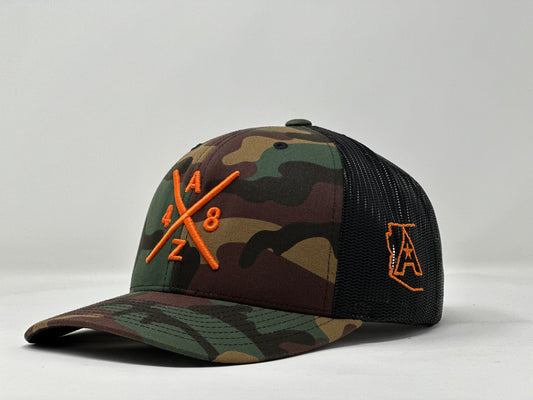 AZ48 Orange Compass Camo Trucker Hat